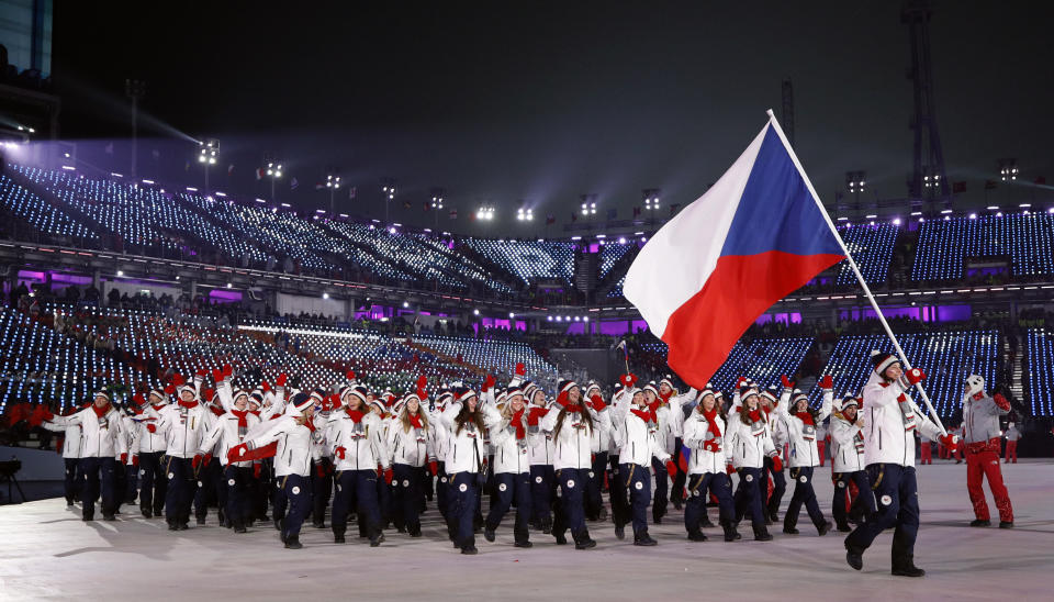 <p>Eva Samkova carries the flag of the Czech Republic during the opening ceremony of the 2018 Winter Olympics in Pyeongchang, South Korea, Friday, Feb. 9, 2018. (AP Photo/Jae C. Hong) </p>