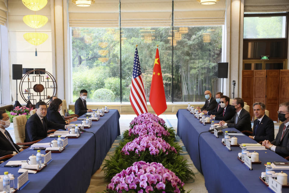 U.S. Secretary of State Antony Blinken, second right, meets with Chinese Foreign Minister Qin Gang, second left, at the Diaoyutai State Guesthouse in Beijing, China, Sunday, June 18, 2023. (Leah Millis/Pool Photo via AP)