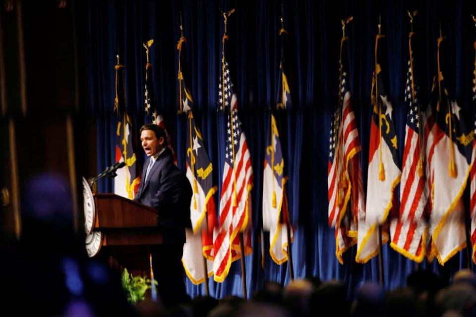 <div class="inline-image__title">USA-ELECTION/REPUBLICANS-DESANTIS</div> <div class="inline-image__caption"><p>Florida Governor and Republican presidential candidate Ron DeSantis is reflected in mirrors on the wall of a convention center hall as he speaks at the North Carolina Republican Party convention in Greensboro, North Carolina, U.S. June 9, 2023. </p></div> <div class="inline-image__credit">Reuters</div>