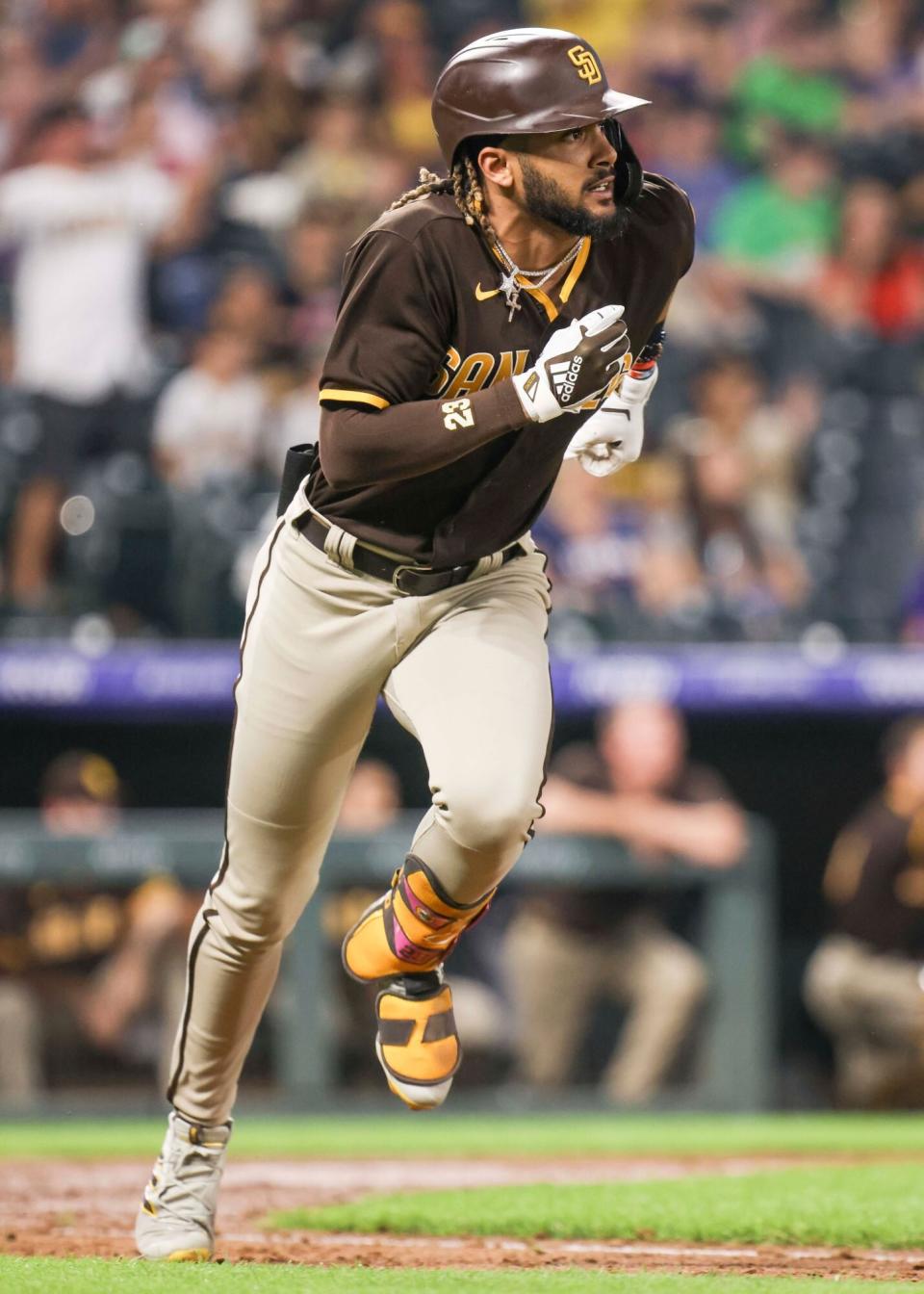 DENVER, CO - AUGUST 16: Fernando Tatis Jr. #23 of the San Diego Padres runs the bases on a double against the Colorado Rockies in the sixth inning at Coors Field on August 16, 2021 in Denver, Colorado. (Photo by Michael Ciaglo/Getty Images)