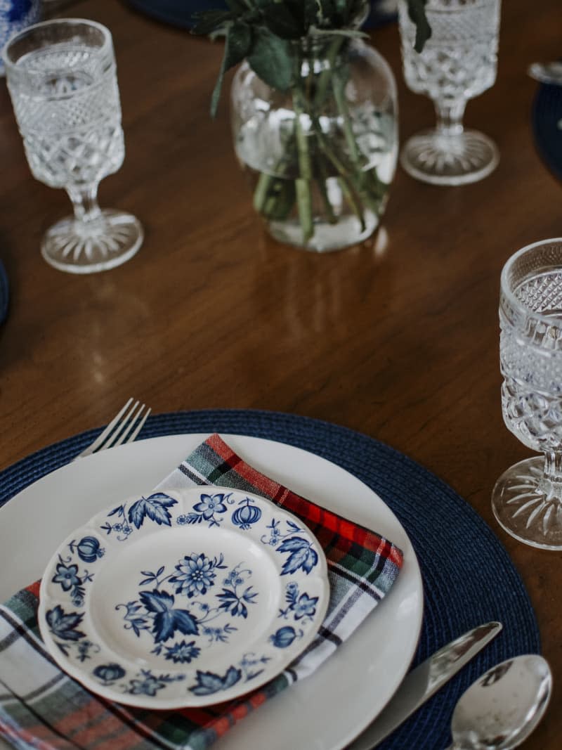 Grandma's dishes on dining room table.