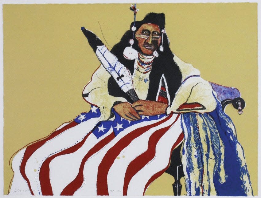 Fritz Scholder's "Bicentennial Indian," will be featured in the Springfield Art Museum's "Spirit of Independence: Kent Bicentennial Portfolio" exhibition between Dec. 2, 2023-March 24, 2024. The exhibition will feature works from 12 different artists.