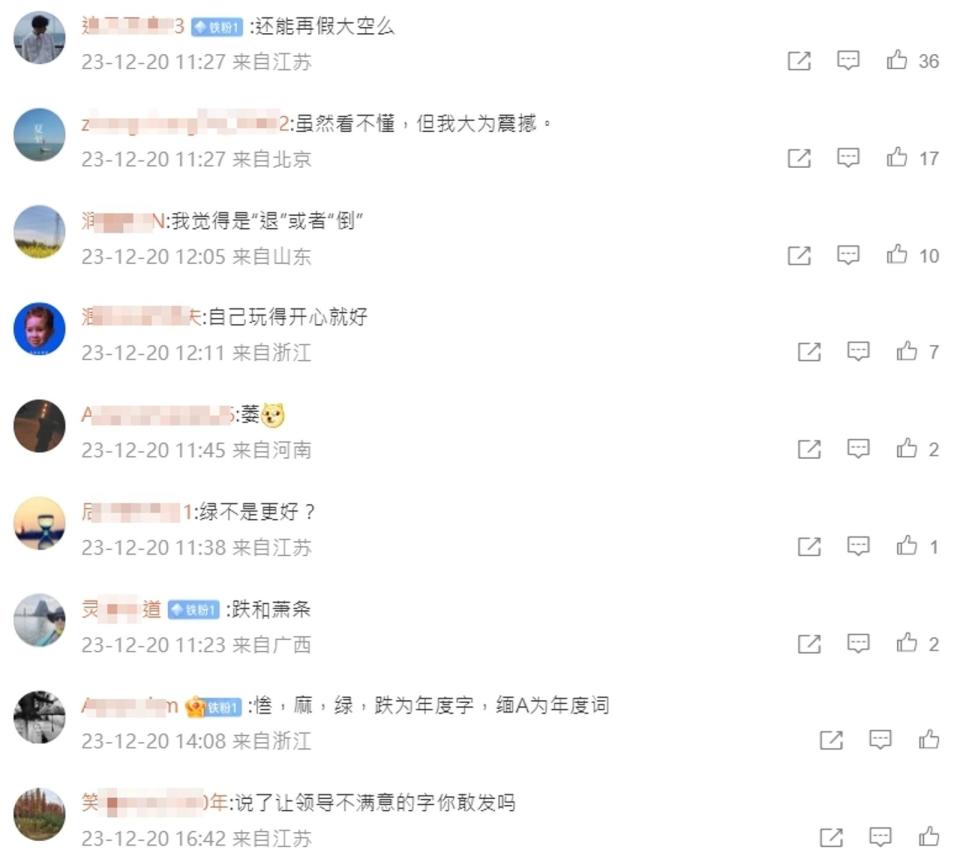 新華社公布2023中國國內代表字詞，微博網友吐槽不留情。（翻攝自微博）
