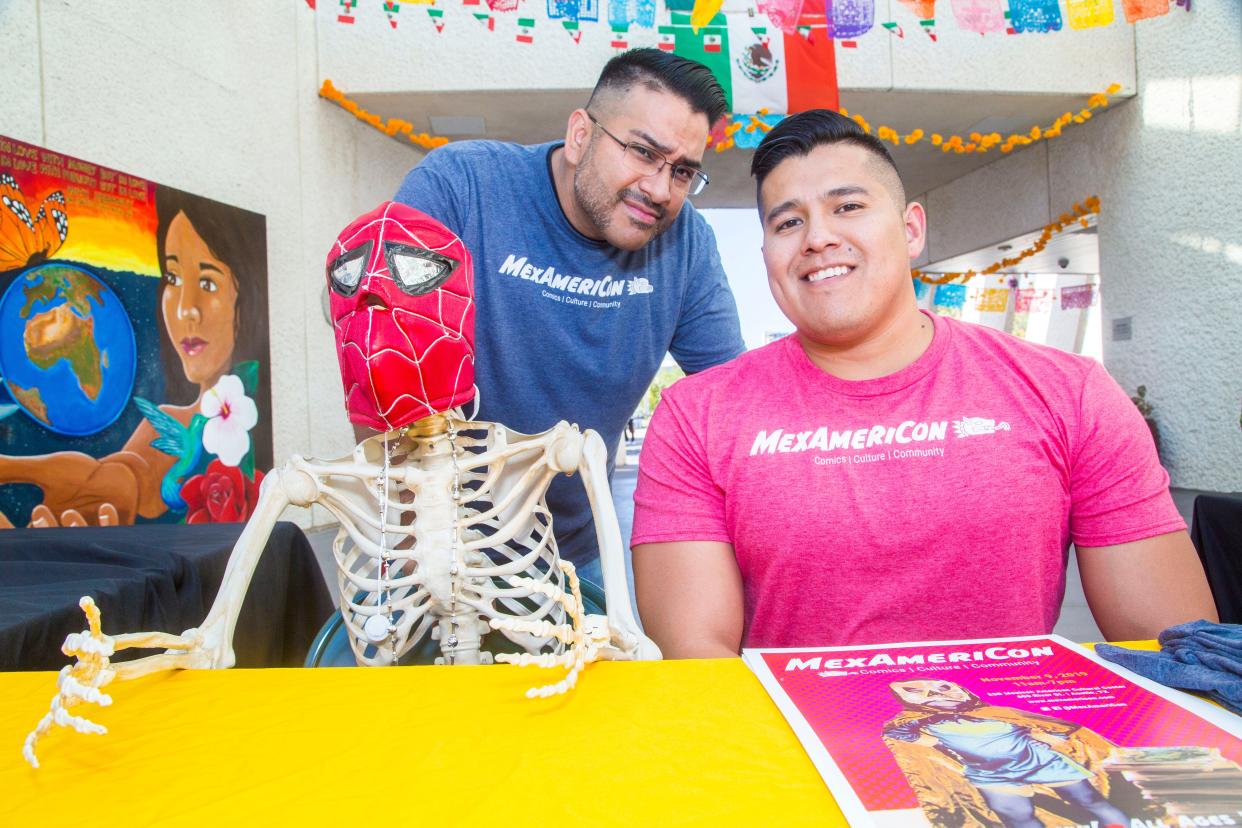 Javier Salas and Nino Miranda, co-founders of MexAmeriCon, pose with the convention's unofficial mascot, Sr. Flaco McRibs at the 2019 iteration of the convention.