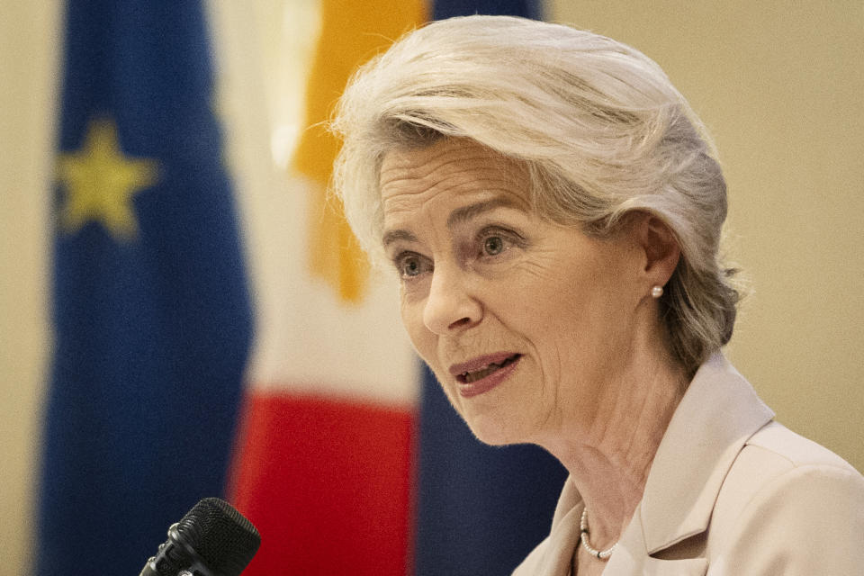 European Commission President Ursula von der Leyen speaks at a business event in Fairmont Hotel, Makati City, Philippines on Monday July 31, 2023. (Eloisa Lopez/Pool Photo via AP)