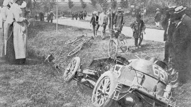 The car of Marcel Renault after the accident during the Paris-Madrid race.