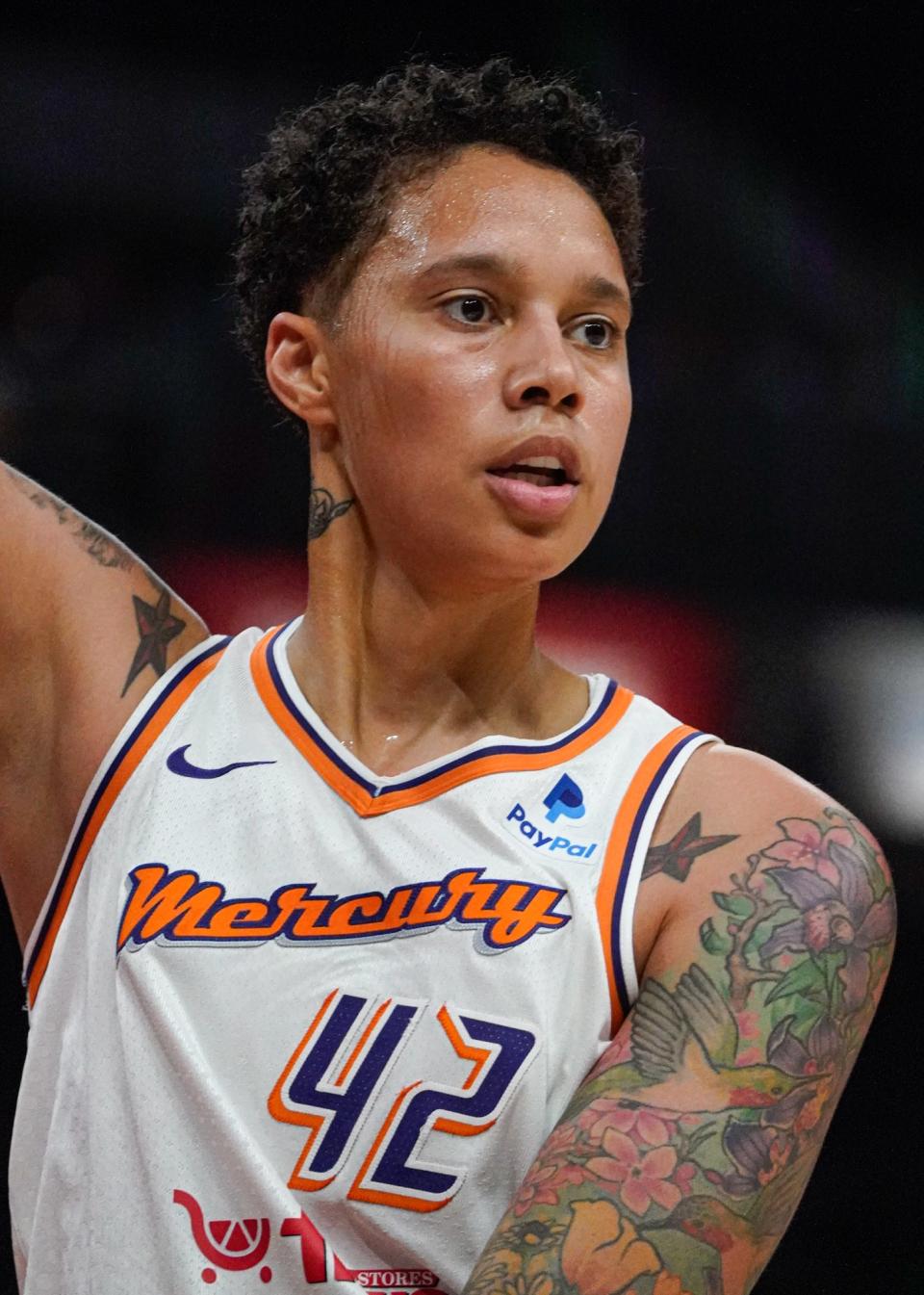 The Phoenix Mercury's Brittney Griner (42) looks for a rebound during a game between the Indiana Fever and Phoenix Mercury, on Sunday, June 11, 2023, at Gainbridge Fieldhouse in Indianapolis.