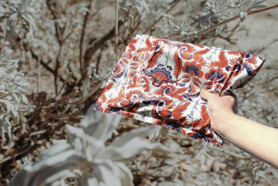 A red and blue paisley Free People mailer bag held in front of a wooded desert scenery. 