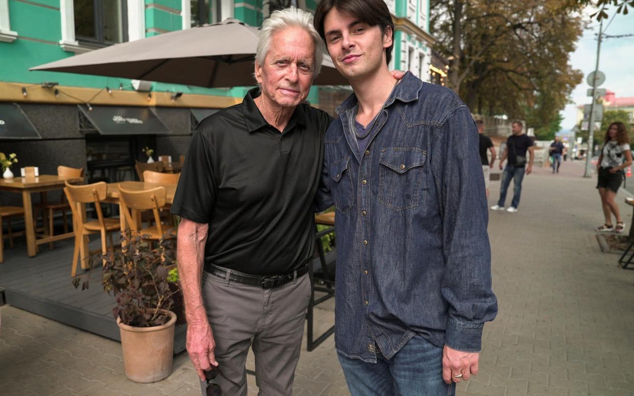 Michael Douglas and his son Dylan in downtown Kyiv