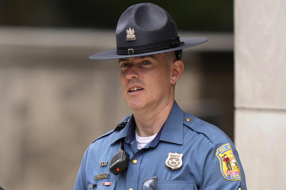 Delaware State Police trooper Joshua Marley departs from federal court, Thursday, June 6, 2024, in Wilmington, Del. (AP Photo/Matt Slocum)