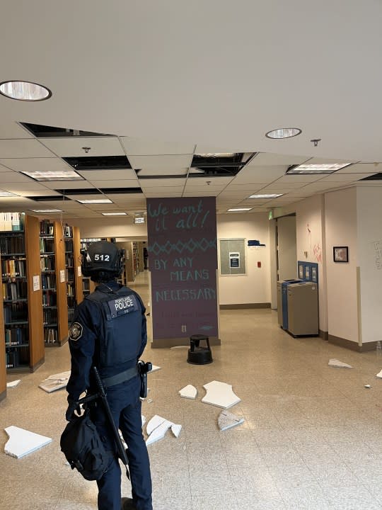 Police police enter Millar Library May 2, 2024. (Courtesy: PPB)