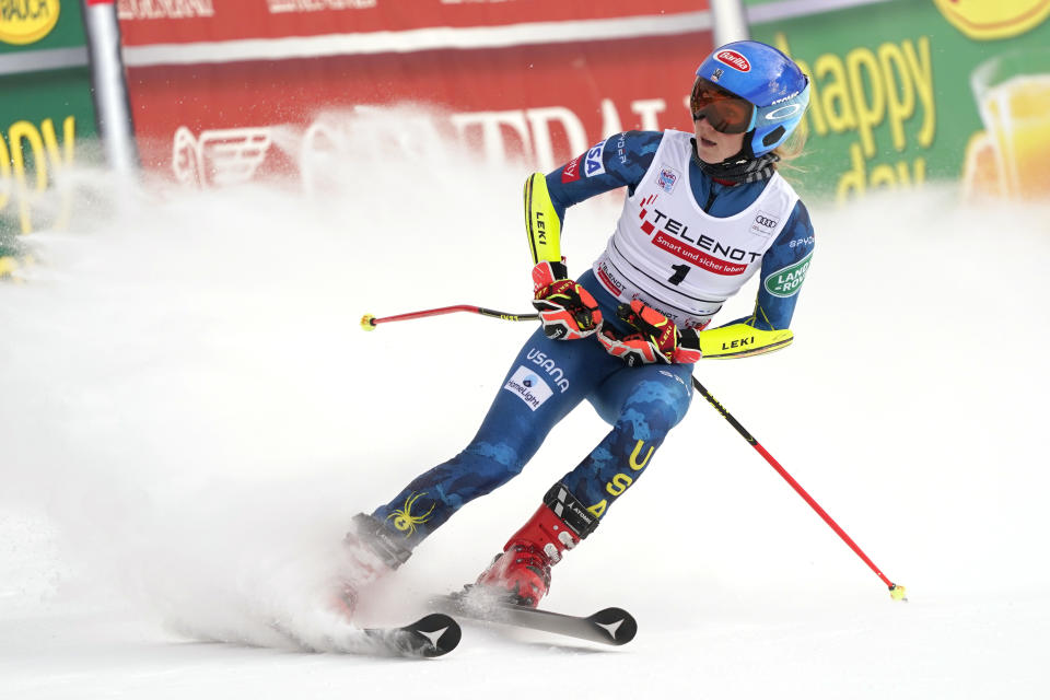 United States' Mikaela Shiffrin reacts after completing an alpine ski, women's World Cup giant slalom, in Kranjska Gora, Slovenia, Sunday, Jan. 17, 2021. (AP Photo/Giovanni Auletta)