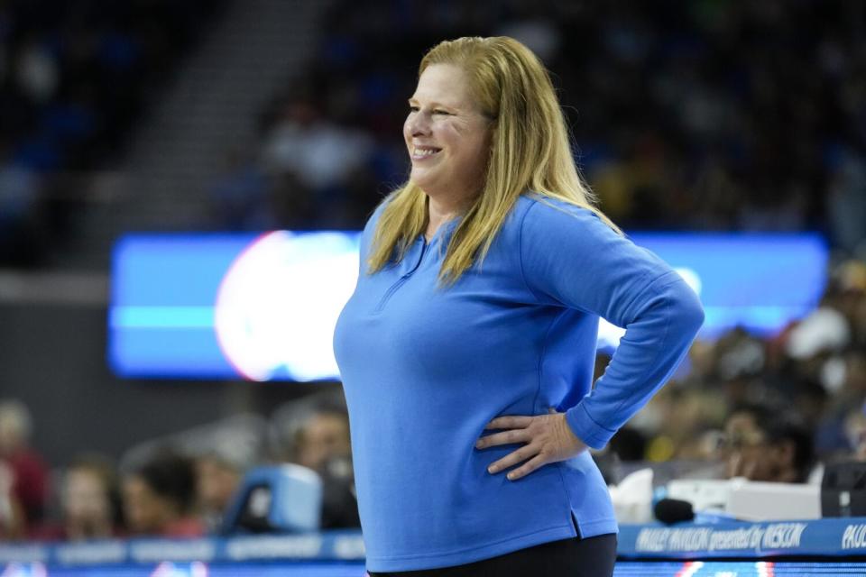 UCLA coach Cori Close smiles during Bruins' game against rival USC on Dec. 30.