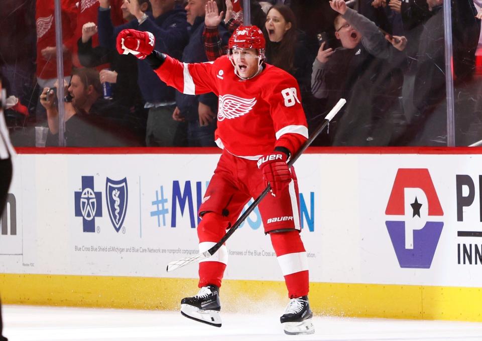 Detroit Red Wings right wing Patrick Kane celebrates his overtime goal against the Columbus Blue Jackets at Little Caesars Arena in Detroit on Tuesday, March 19, 2024.