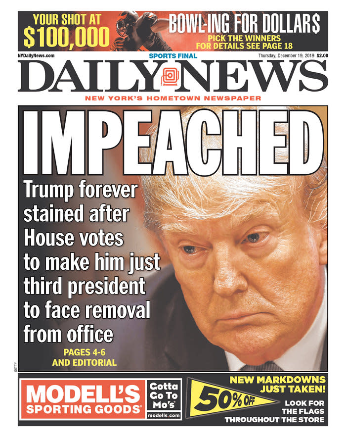 The front page of Thursday's New York Daily News. (Newseum.org)