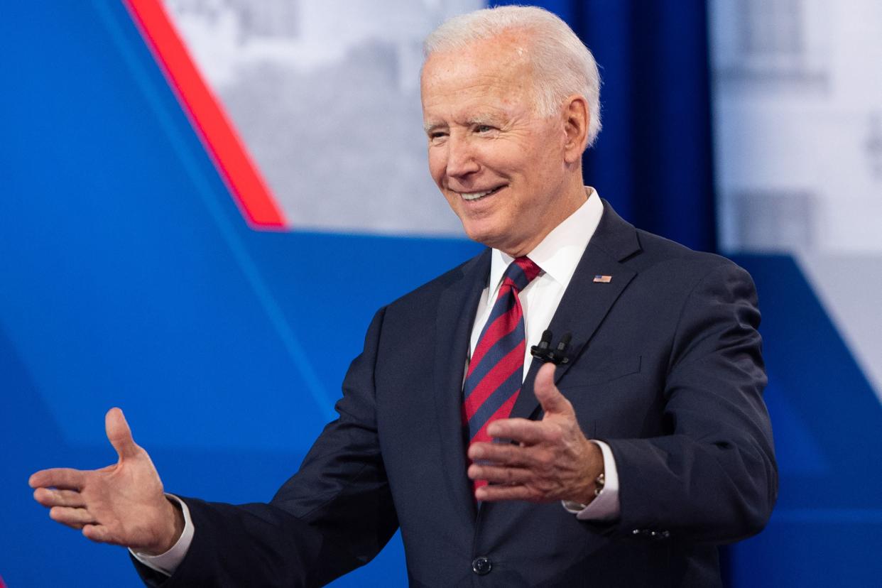 US president Joe Biden participates in a town hall meet at Mount St Joseph University in Cincinnati, Ohio on 21 July 2021 (AFP via Getty Images)