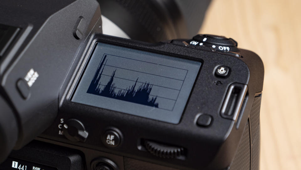 Close up of the top LCD displaying histogram of the Fujifilm GFX100 II