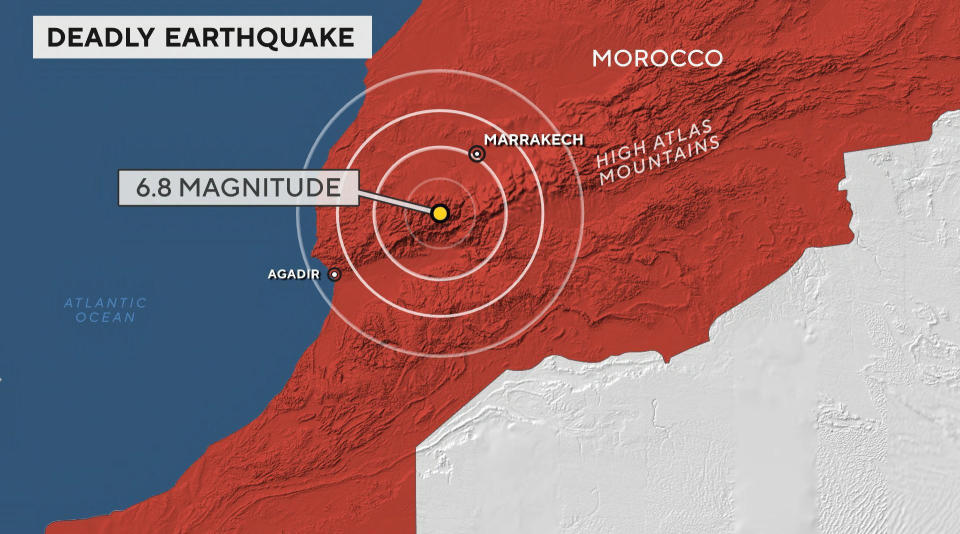 Map shows the area affected by a major earthquake centered near Marrakech, Morocco, on Sept. 8, 2023. / Credit: CBS News