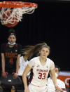 Stanford guard Hannah Jump (33) watches her shot during an NCAA college basketball game against Southern California in the quarterfinal round of the Pac-12 women's tournament Thursday, March 4, 2021, in Las Vegas. (AP Photo/Isaac Brekken)