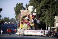 Trader Joe's float, "Onward!," makes its way along Colorado Boulevard during the 134th Rose Parade in Pasadena, Calif., Monday, Jan. 2, 2023. (Sarah Reingewirtz/The Orange County Register via AP)