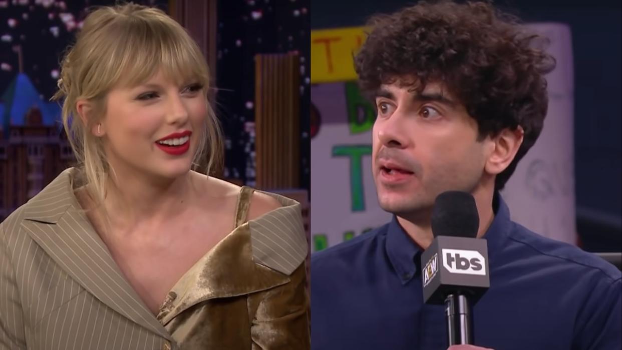  Taylor Swift and Tony Khan side by side split view. 