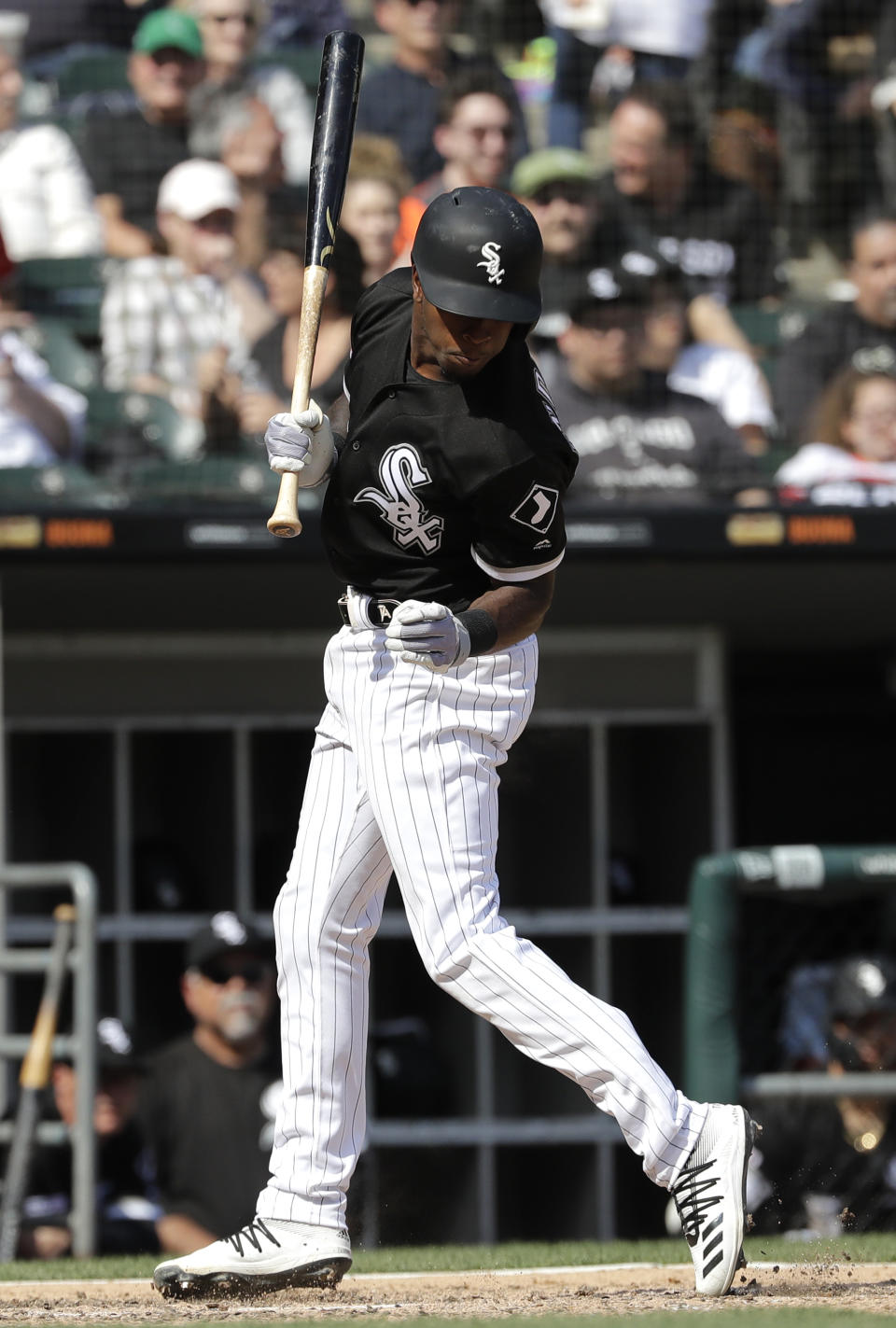 Chicago White Sox's Tim Anderson reacts as he is hit by a pitch during the sixth inning of a baseball game against the Kansas City Royals in Chicago, Wednesday, April 17, 2019. (AP Photo/Nam Y. Huh)