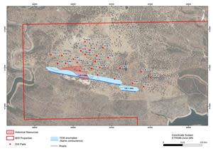 Romanera deposit initial planned drill pad locations. Drilling platforms have been planned on existing trails and roads, to minimize the environmental footprint of the drill program.  Note the surface projection of the Romanera deposit in red.  The deposit has only been drilled along 450 meters of the 1,200 meter long TDEM conductor that is associated with the mineralization at the Romanera Deposit.