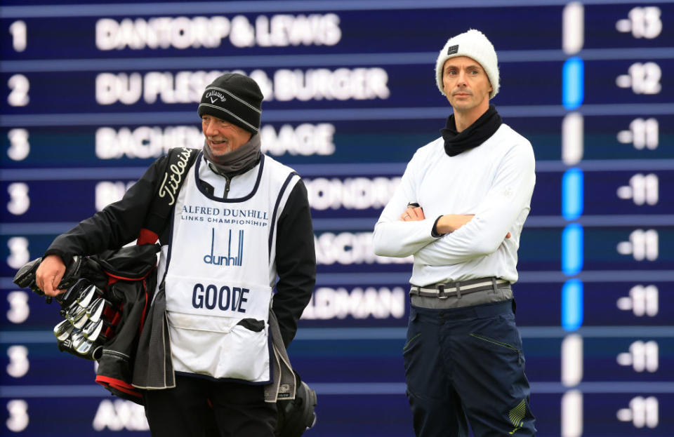 Downton Abbey's Matthew Goode looks across the 17th green at the Old Course.