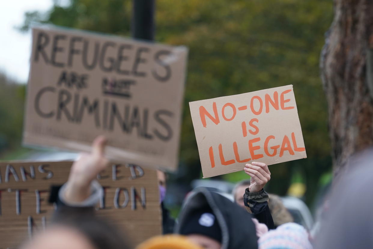 Protesters outside the Manston immigration short-term holding facility located at the former Defence Fire Training and Development Centre in Thanet, Kent. Picture date: Sunday November 6, 2022.