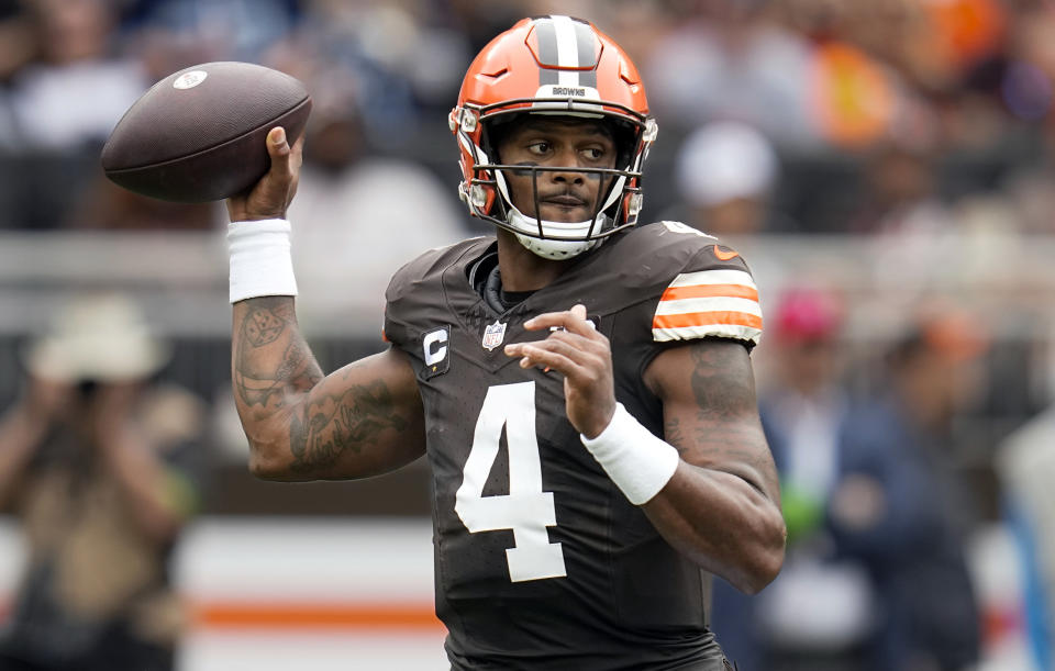 FILE- Cleveland Browns quarterback Deshaun Watson (4) throws a pass against the Tennessee Titans during the first half of an NFL football game Sunday, Sept. 24, 2023, in Cleveland. Watson is not practicing again as he continues to be slowed by an injured right shoulder, leaving his status for Sunday's game against unbeaten San Francisco in question. Watson, who sat out Cleveland's game on Oct. 1, is dealing with a bruised rotator cuff in his throwing shoulder. (AP Photo/Sue Ogrocki, File)