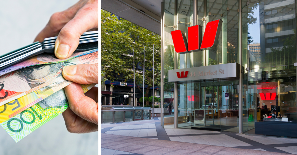 Hands remove Australian money from a wallet and the exterior of a Westpac branch