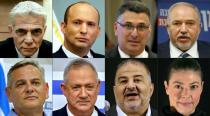 The party leaders of the anti-Netanyahu alliance, from top left: Yair Lapid, Naftali Bennett, Gideon Saar, Avigdor Lieberman, Nitzan Horowitz, Benny Gantz, Mansour Abbas and Merav Michaeli