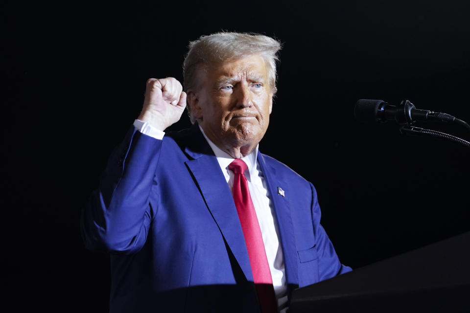 Former President Donald Trump speaks at a campaign rally in Hialeah, Fla., Wednesday, Nov. 8, 2023. (AP Photo/Lynne Sladky)