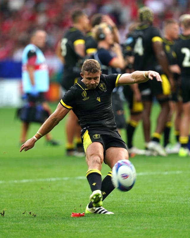 Leigh Halfpenny kicks one of his three conversions 