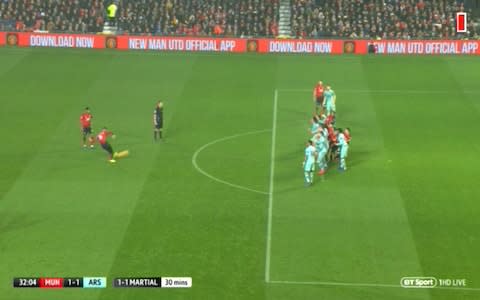 Herera is offside as the kick is taken - Credit: BT Sport