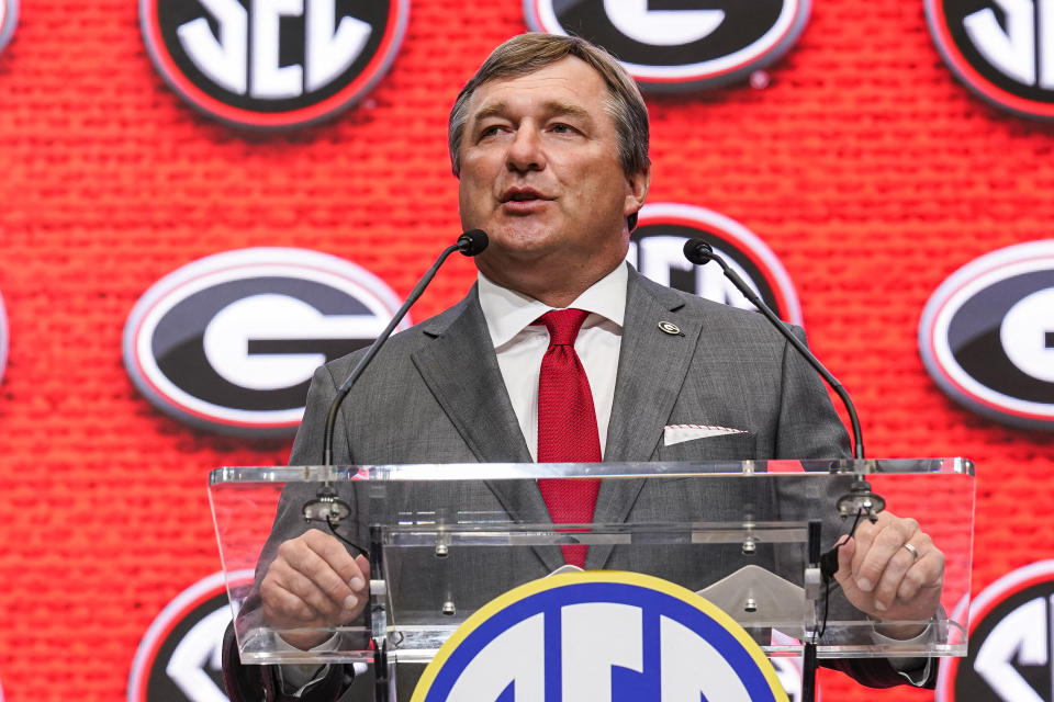 Jul 20, 2022; Atlanta, GA, USA; Georgia Bulldogs head coach Kirby Smart talks to the media during SEC Media Days at the College Football Hall of Fame. Mandatory Credit: Dale Zanine-USA TODAY Sports