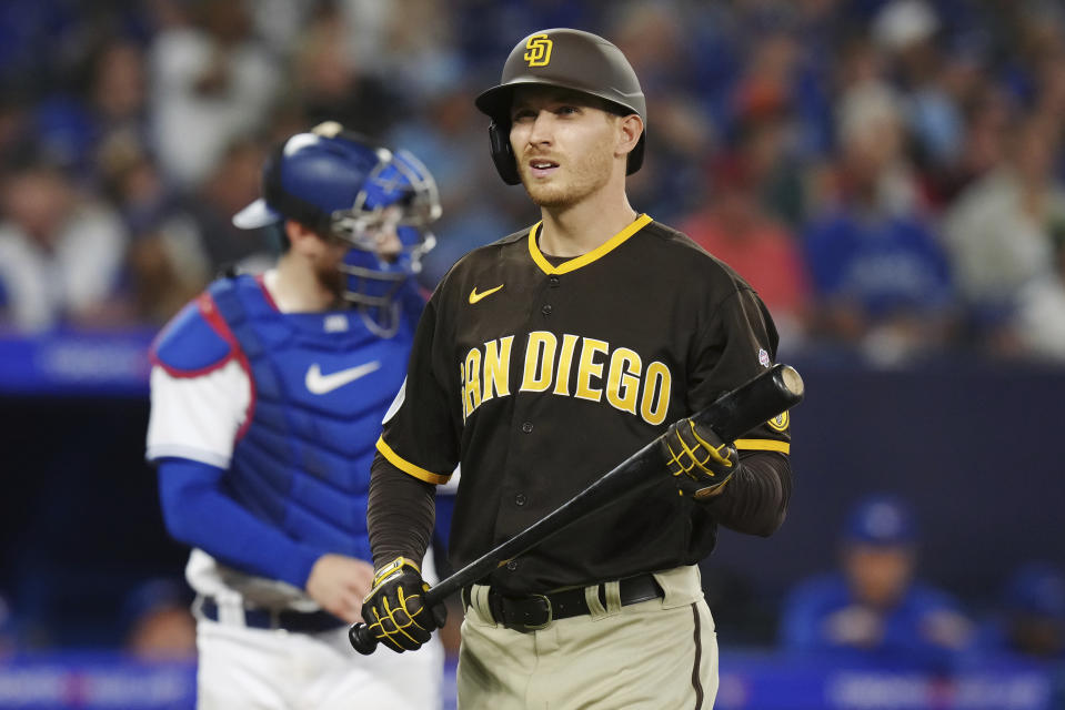San Diego Padres' Taylor Kohlwey reacts after striking out against the Toronto Blue Jays during the third inning of a baseball game Wednesday, July 19, 2023, in Toronto. (Chris Young/The Canadian Press via AP)