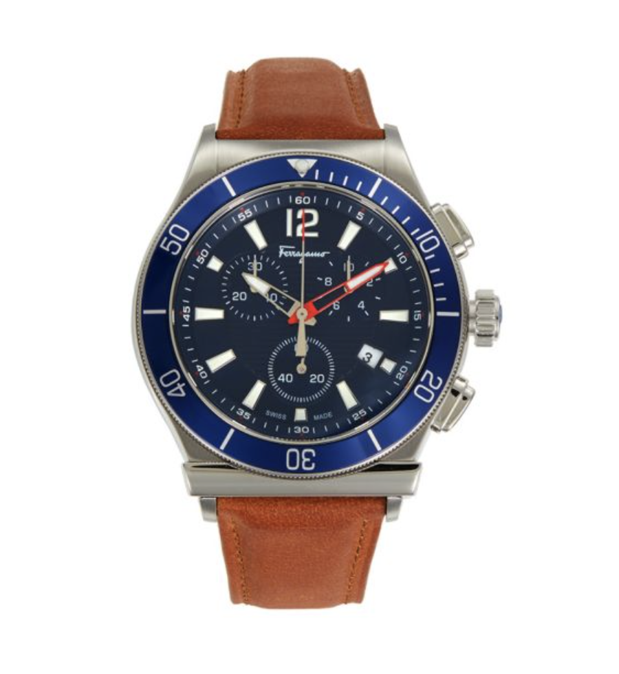 Salvatore Ferragamo 44MM Stainless Steel & Leather Chronograph Watch with blue and black face and brown leather strap (Photo via Saks Off Fifth)