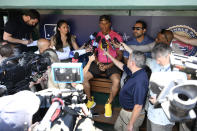 San Diego Padres' Juan Soto talks to the media before a baseball game against the Washington Nationals, Friday, Aug. 12, 2022, in Washington. (AP Photo/Nick Wass)