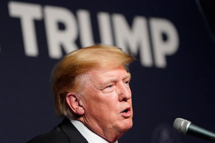 Former President Donald Trump speaks during an event with Joe Lombardo, Clark County sheriff and Republican candidate for Nevada governor, and republican Nevada Senate candidate Adam Laxalt, Friday, July 8, 2022, in Las Vegas. (AP Photo/John Locher)
