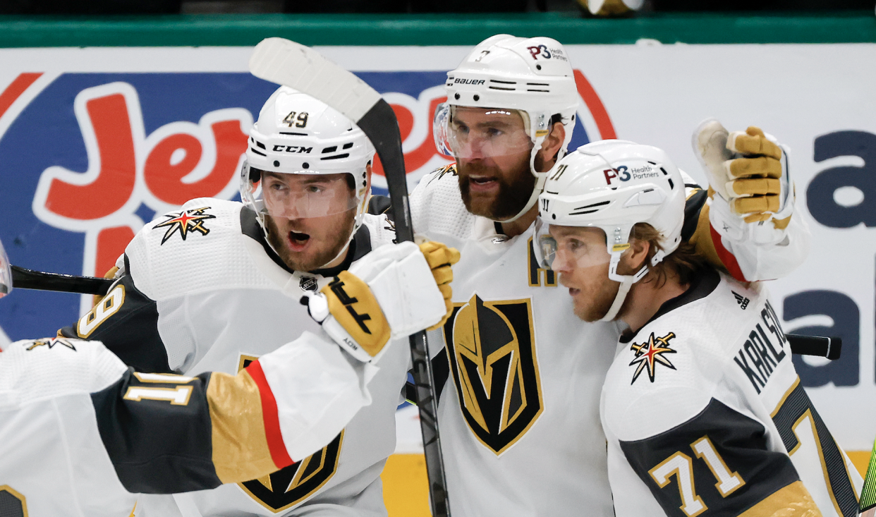  Alex Pietrangelo #7 of the Vegas Golden Knights is congratulated by his teammates after scoring a goal against the Dallas Stars during the second period in Game Three of the Western Conference Final of the 2023 Stanley Cup Playoffs 