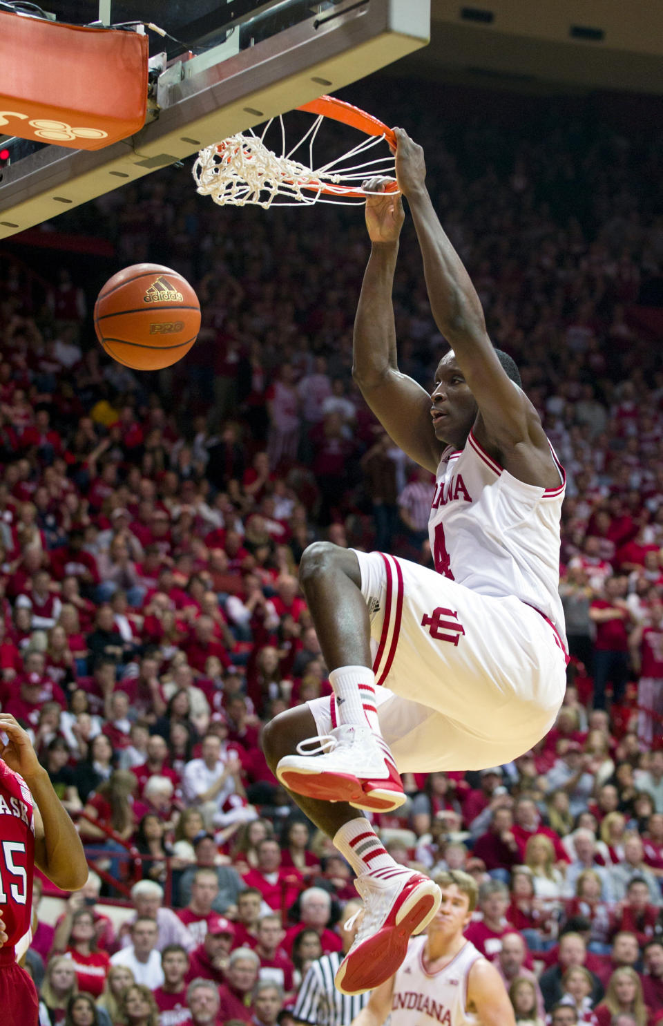 Indiana's Victor Oladipo (4) dunks during the second half of an NCAA college basketball game against Nebraska, Wednesday, Feb. 13, 2013, in Bloomington, Ind. Indiana won 76-47. (AP Photo/Doug McSchooler)