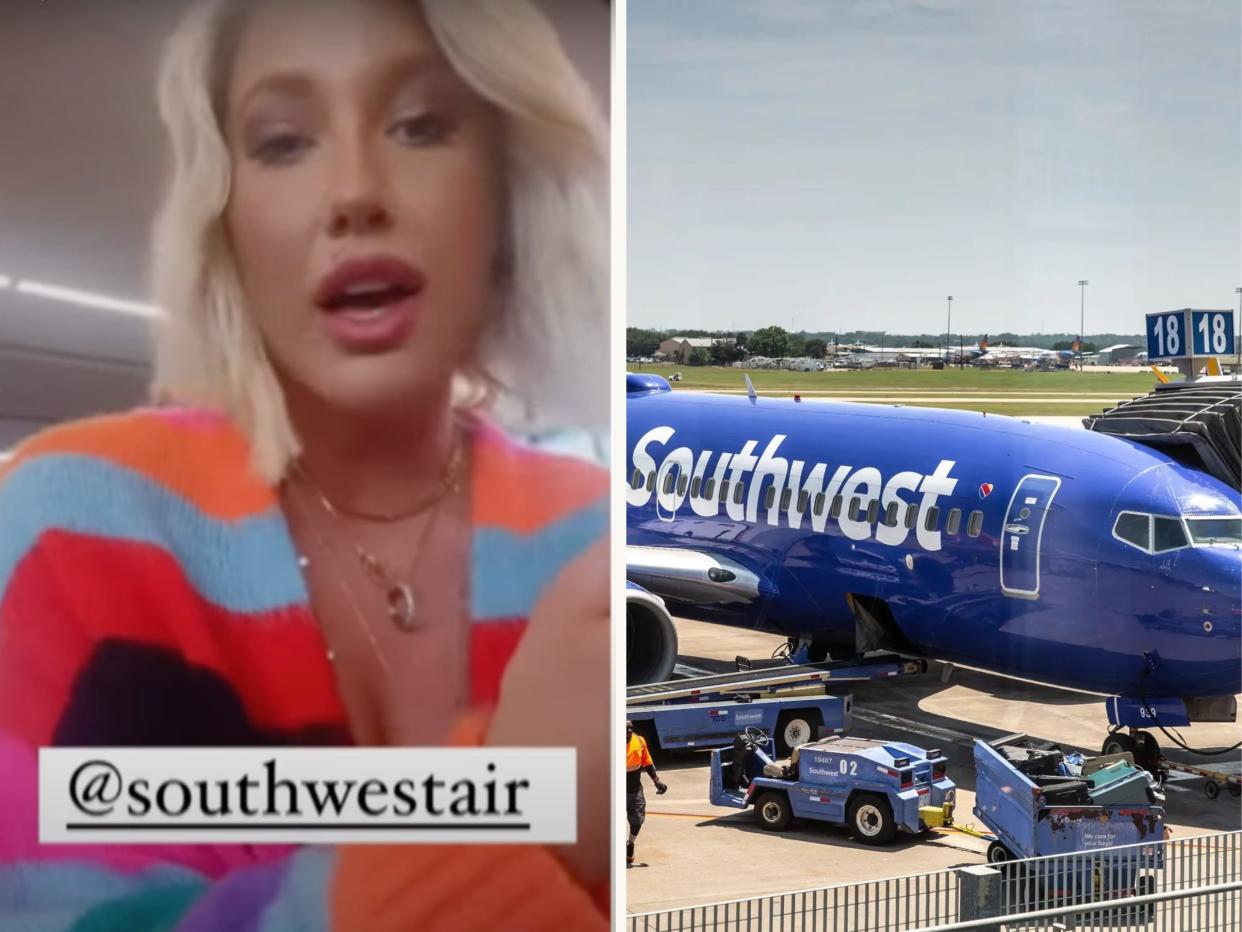 A photo collage of a screenshot of Savannah Chrisley on her Instagram story (left) and a Southwest Airlines plane (right).