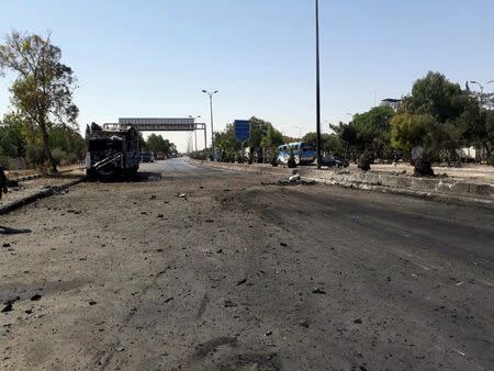 A general view shows the damage at one of the blast sites in Damascus in this handout picture posted on SANA on July 2, 2017, Syria. SANA/Handout via REUTERS