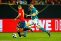 Soccer Football - International Friendly - Germany vs Spain - ESPRIT arena, Dusseldorf, Germany - March 23, 2018 Germany’s Mario Gomez in action with Spain’s Jordi Alba REUTERS/Thilo Schmuelgen