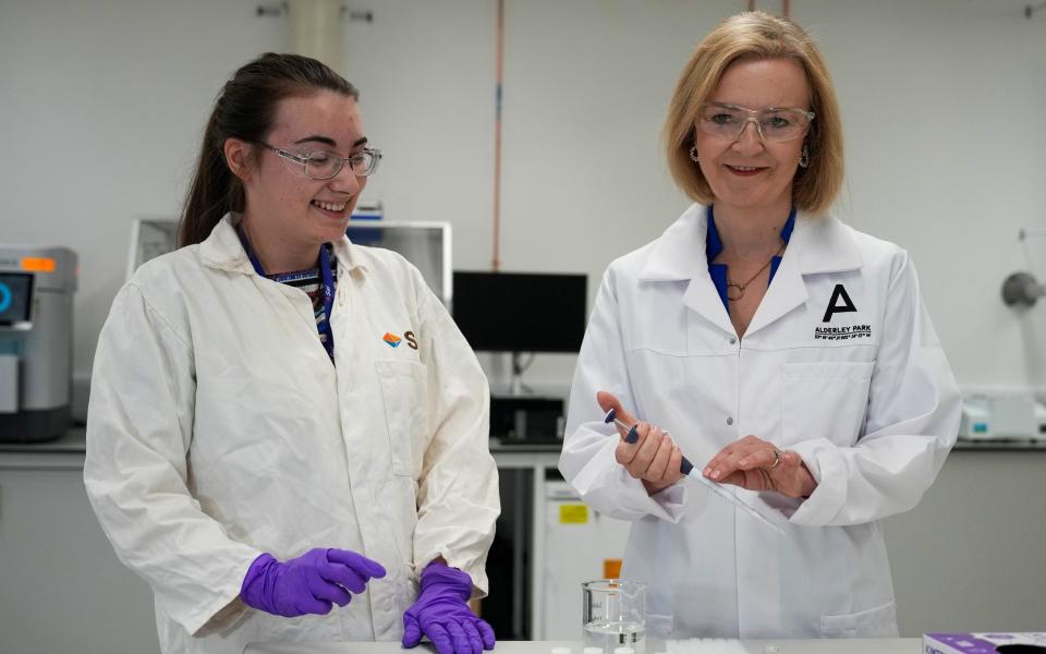 Liz Truss visiting a life sciences laboratory at Alderley Park, Alderley Edge, Manchester on Wednesday, as the Tory leadership campaign turned particularly nasty - Christopher Furlong/Getty Images