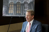 Ford Motor Co., executive chairman Bill Ford is interviewed at the Michigan Central Station, Wednesday, May 15, 2024, in Detroit. A once hulking scavenger-ravaged monolith that symbolized Detroit's decline reopens this week after a massive six-year multimillion dollar renovation by Ford Motor Co., which restored the Michigan Central Station to its past grandeur with a focus squarely on the future of mobility. (AP Photo/Carlos Osorio)
