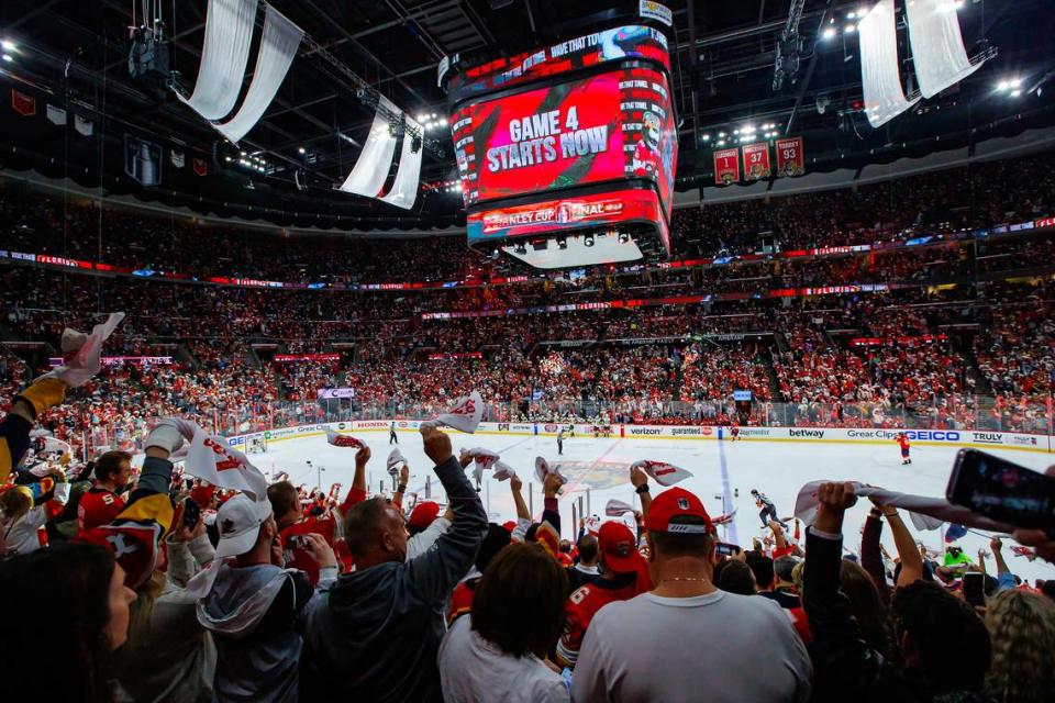 Florida Panthers and the Vegas Golden Knights show their support before the start of Game 4 of the NHL Stanley Cup Final at the FLA Live Arena on Saturday, June 10, 2023, in Sunrise, Florida.