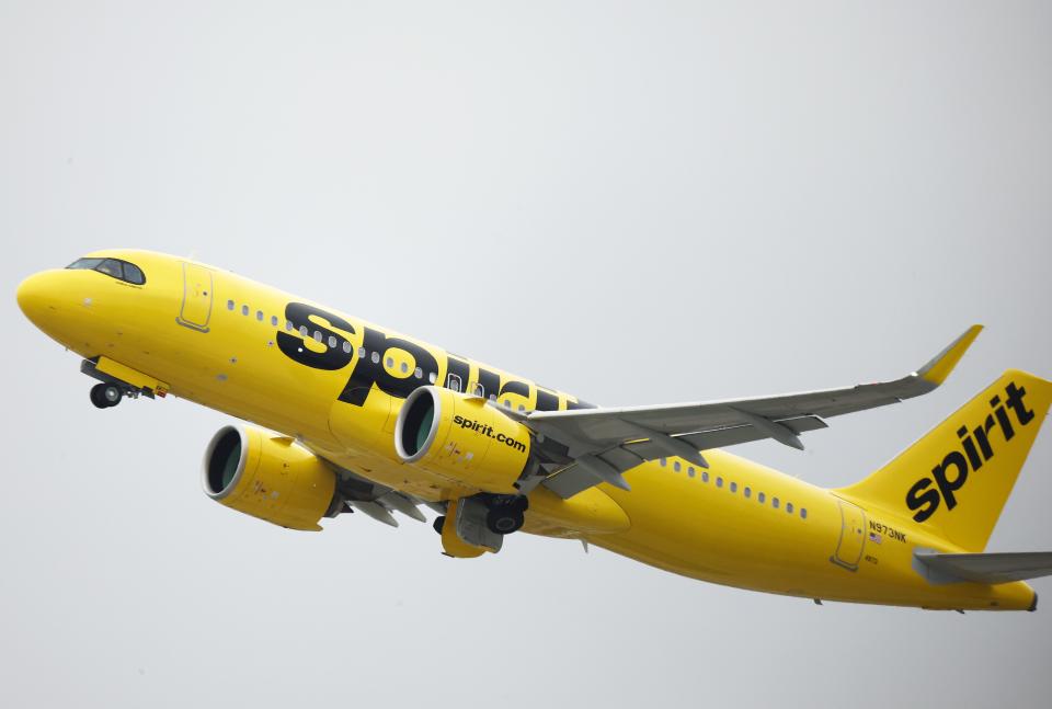 A Spirit Airlines plane takes off at Los Angeles International Airport in this file image from June 1, 2023.