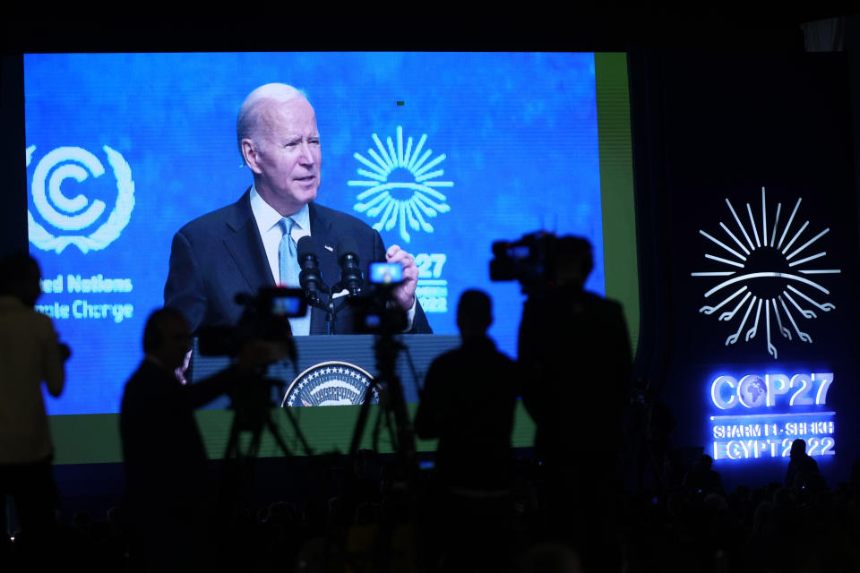 President Joe Biden speaks at the COP27 U.N. Climate Summit, Friday, Nov. 11, 2022, in Sharm el-Sheikh, Egypt. (AP Photo/Peter Dejong)